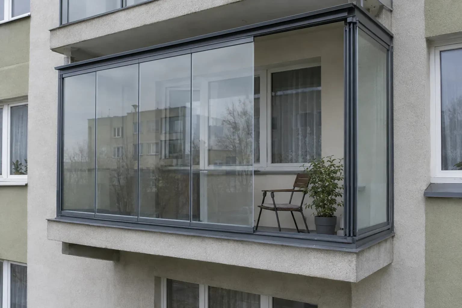 Przeszklony balkon z szyblami przesuwnymi, otwarty na część szerokości, z fotelem przy szkle