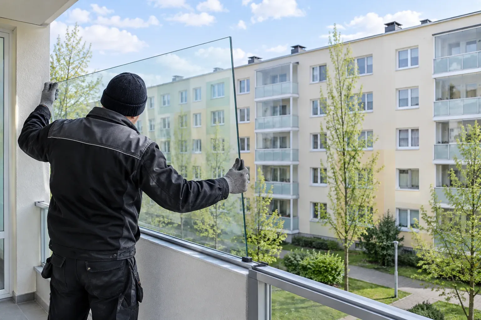 Fachowiec w ciemnej kurtce montuje szklaną taflę na balkonie bloku