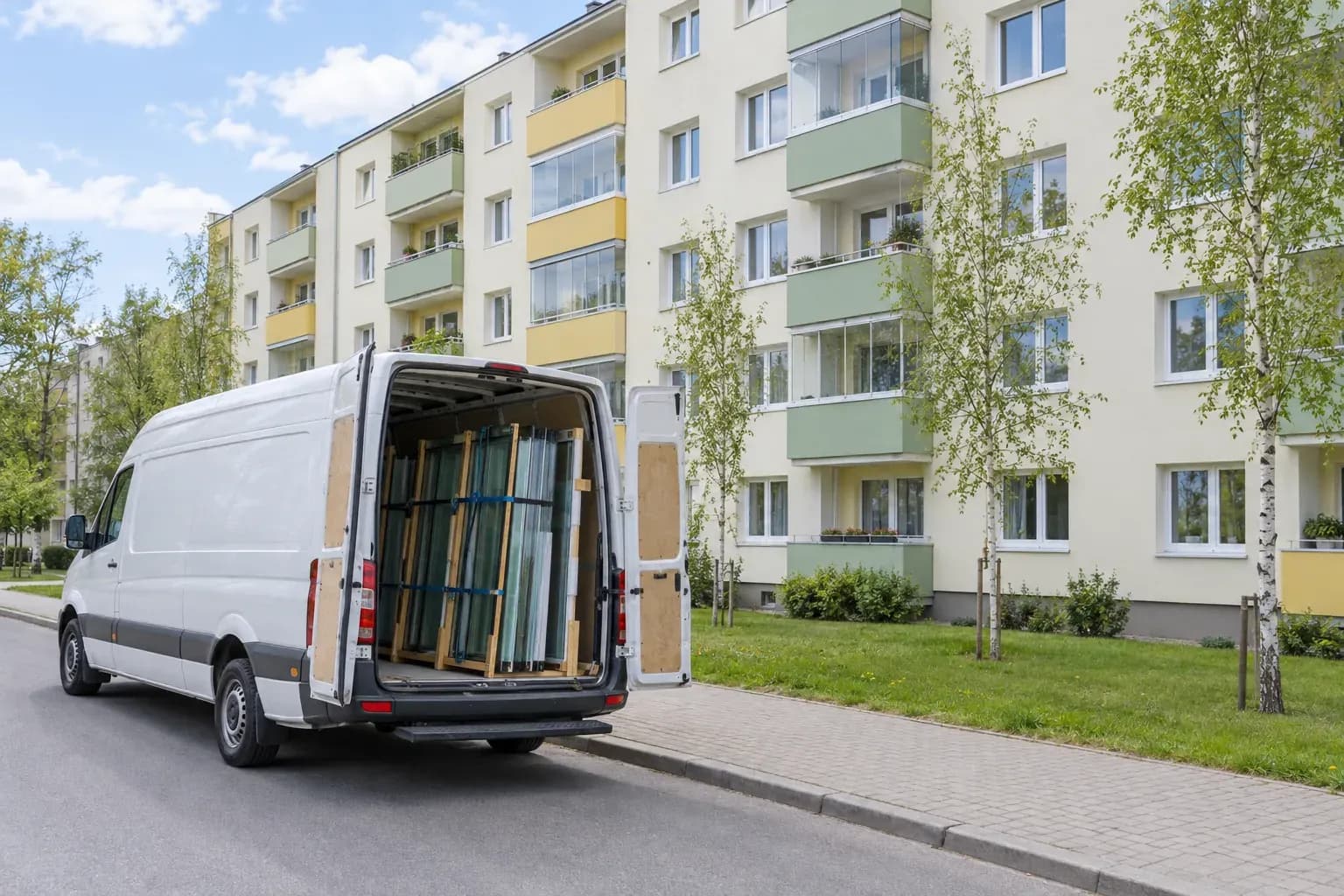Biały bus bez napisów stoi przed blokiem, z otwartymi tylnymi drzwiami i szklanymi taflami w środku