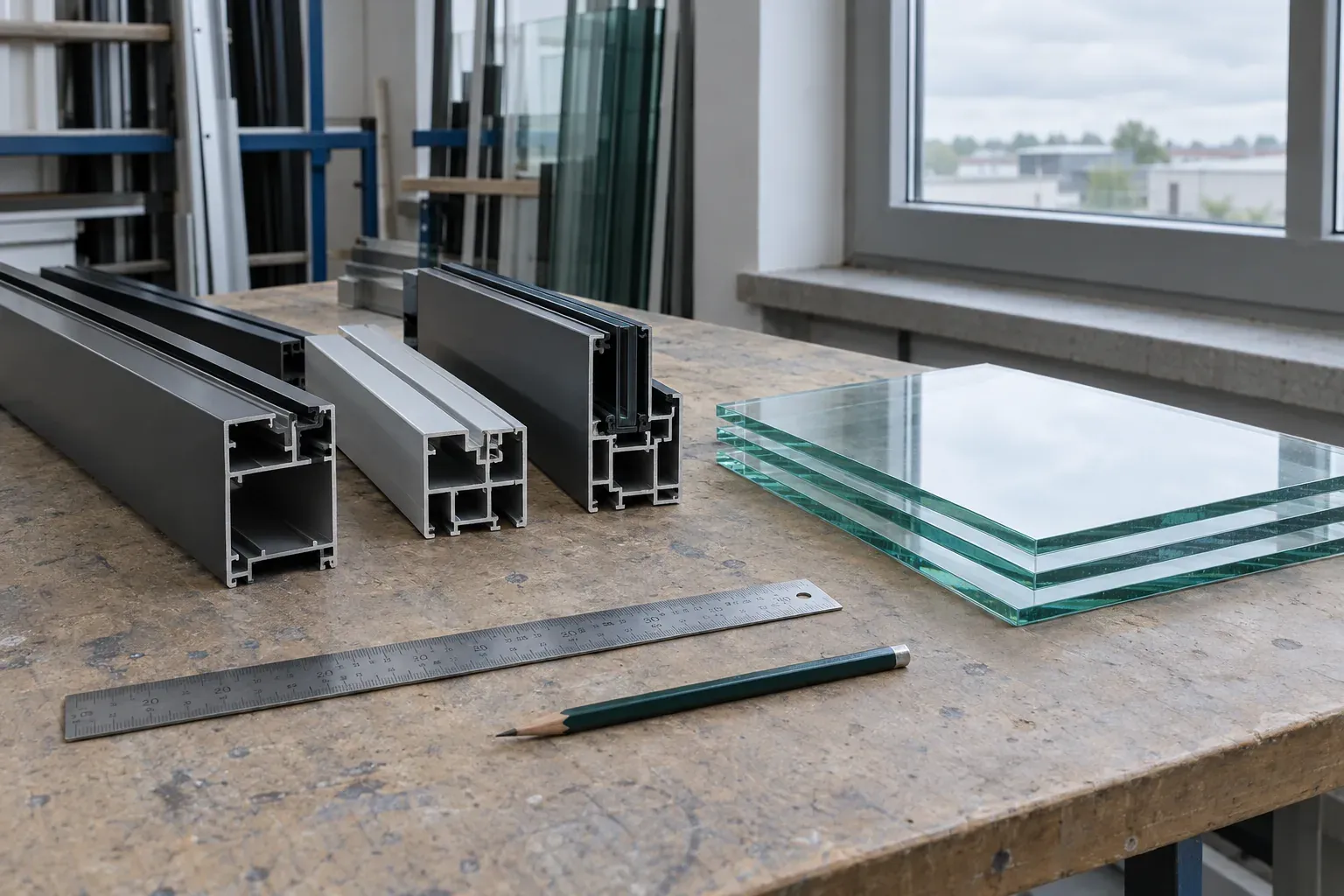 Stół warsztatowy z odcinkami aluminiowych profili, taflami szkła i ołówkiem, przy oknie