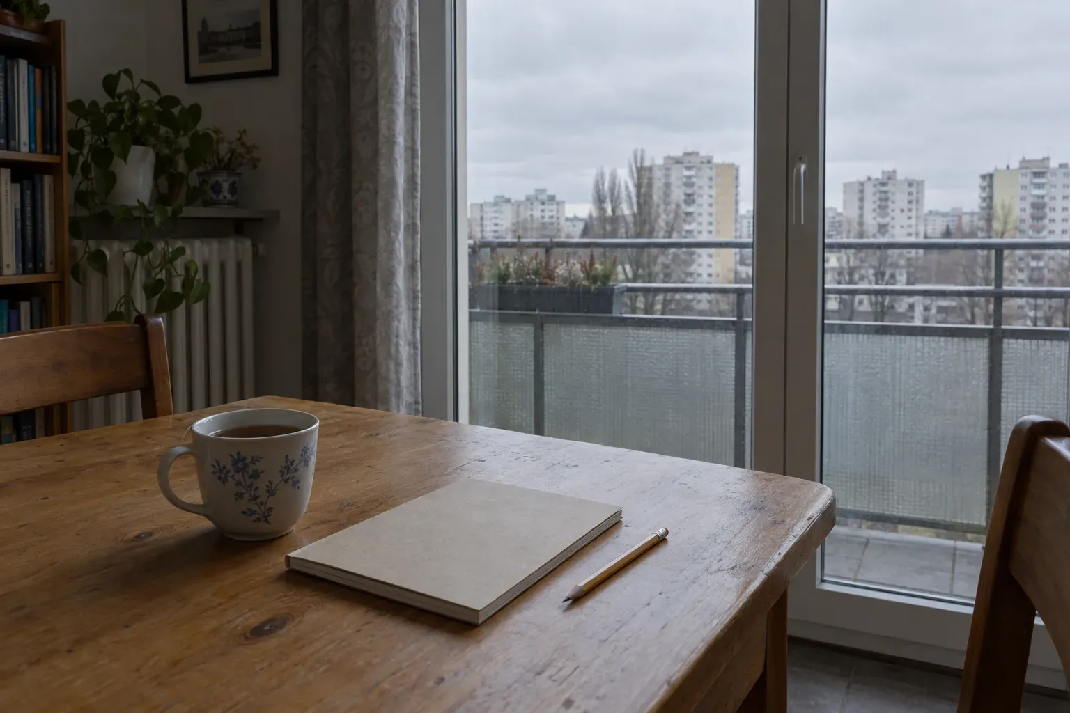 Drewniany stół w mieszkaniu, na nim notes, ołówek i kubek herbaty, za oknem balkon i bloki