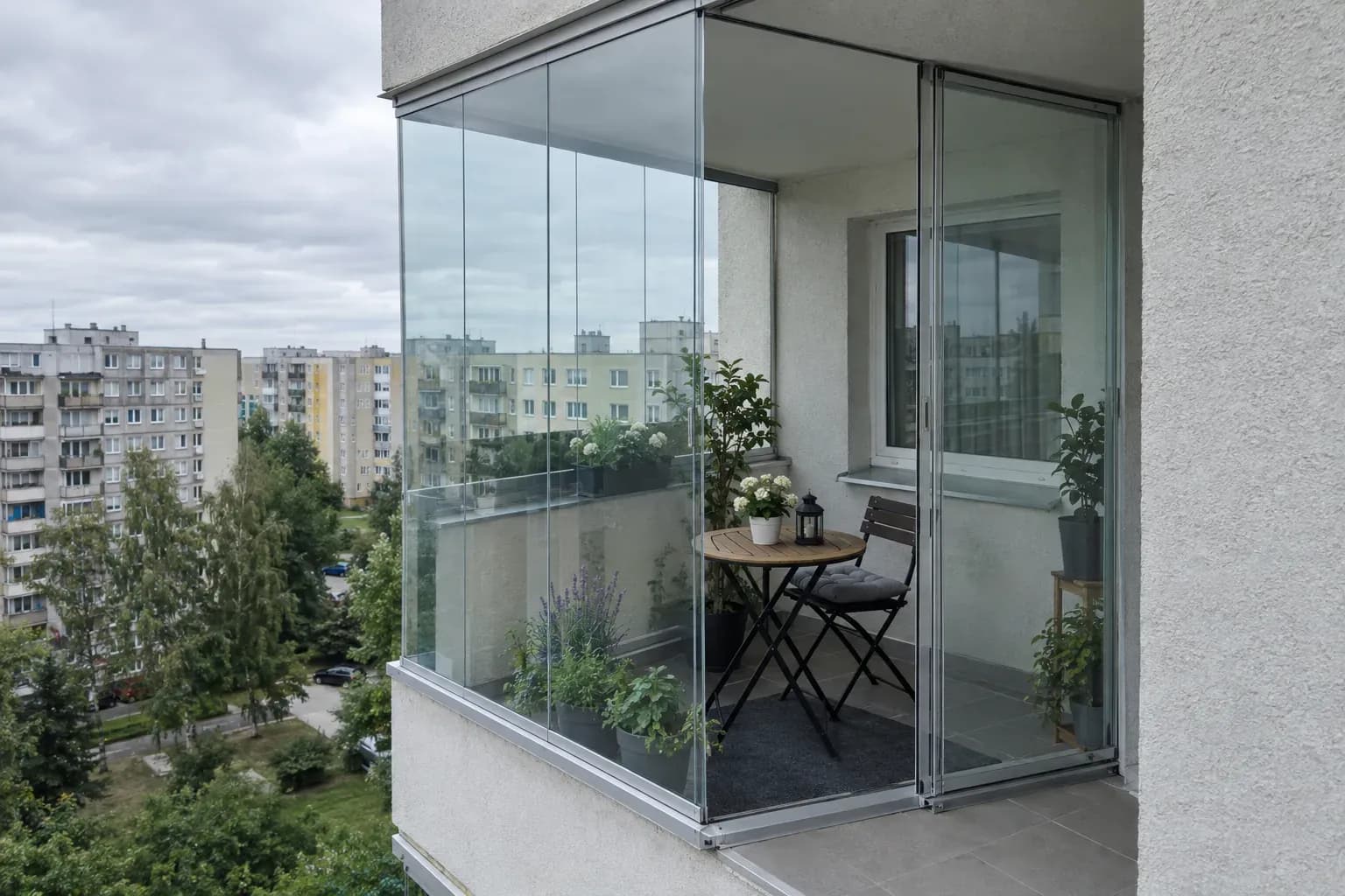 Balkon na bloku przeszklony szybami bez ramy, przy zamkniętej ścianie szkła, z doniczkami w środku